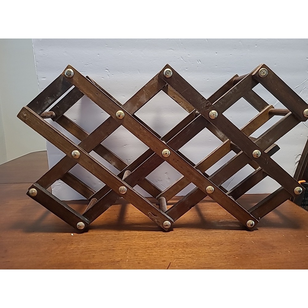 Vintage Wooden‎ Accordion Folding Wine Rack With Decorative Brass Studs